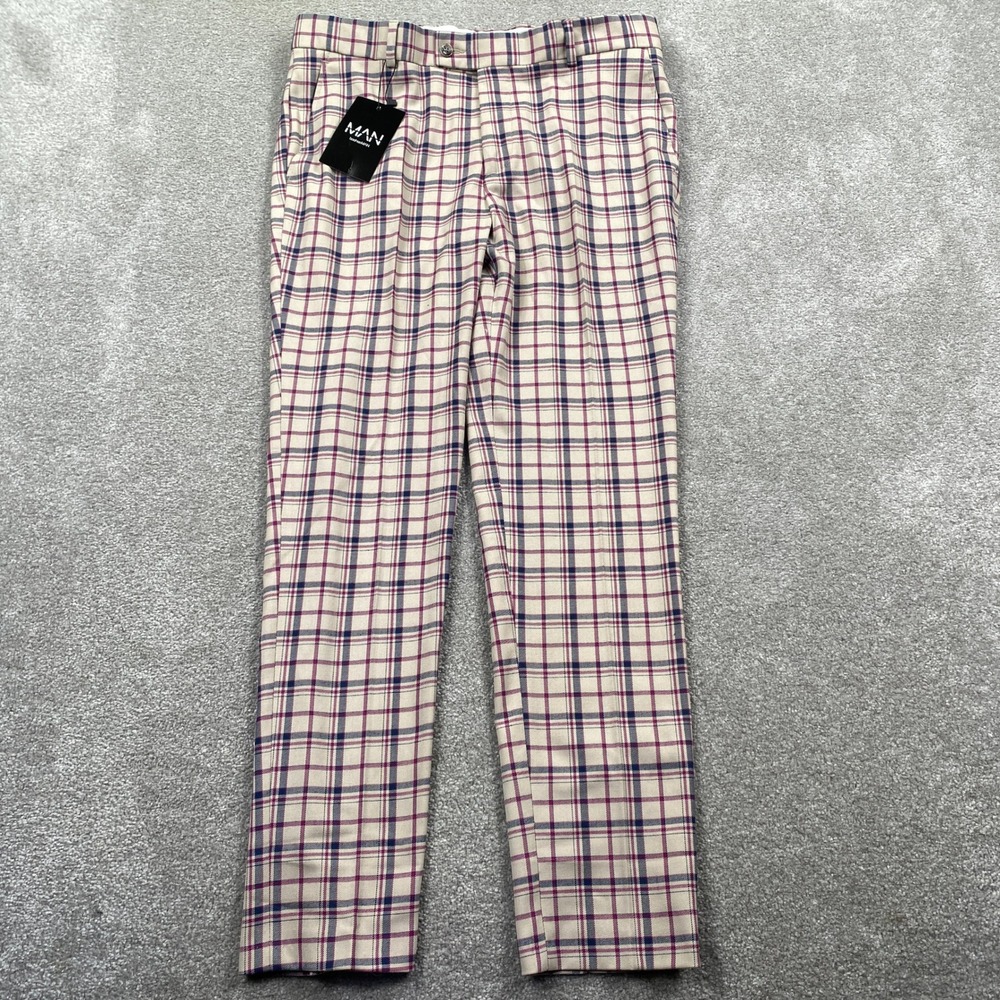 boohooMAN Mens Super Skinny Beige Check Trousers Plaid Dress Pants 32R MZZ10861